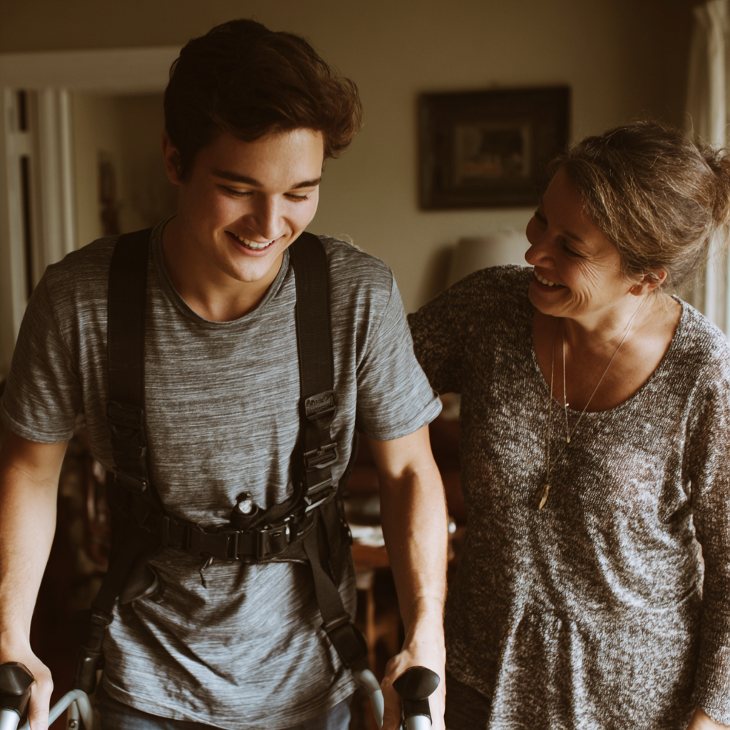 A member and caregiver practicing with a gait belt
